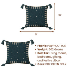 Handcrafted Cushion Cover – Green | 16"x16" | Pearl Embroidered Tassel Cushion Cover