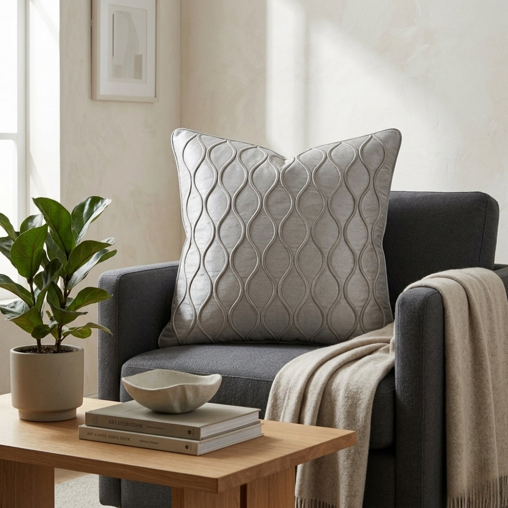 Fabric Crafted Cushion Cover – Dark Cream | 16"x16" | Poly Cotton Fabric | Elegant Embossed Wavy Pattern Design