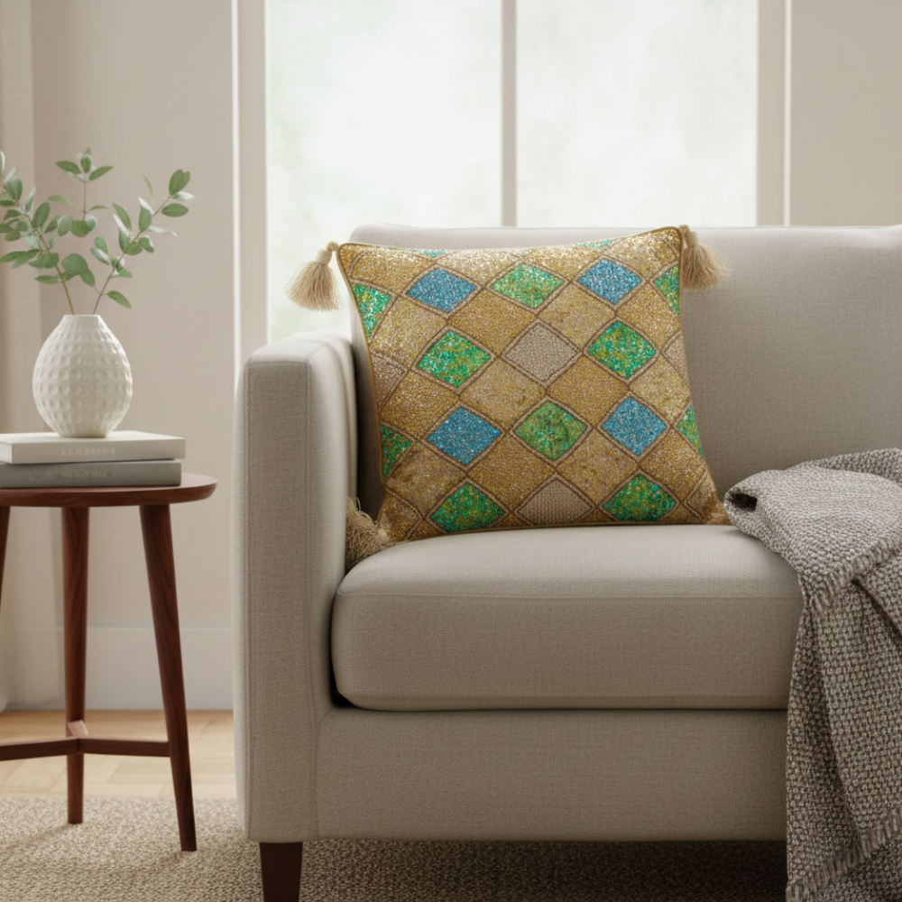 Handcrafted Beige Cushion Cover – 16"x16" | Diamond Patchwork Embroidery | Tassel Accents | Premium Poly Cotton