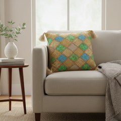 Handcrafted Beige Cushion Cover – 16"x16" | Diamond Patchwork Embroidery | Tassel Accents | Premium Poly Cotton