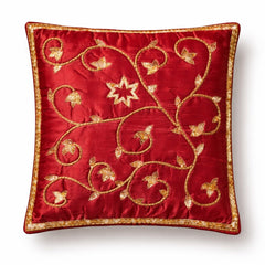 Hand Crafted Cushion Cover – Red | 16"x16" | Poly Cotton | Embroidered Floral Vine Design