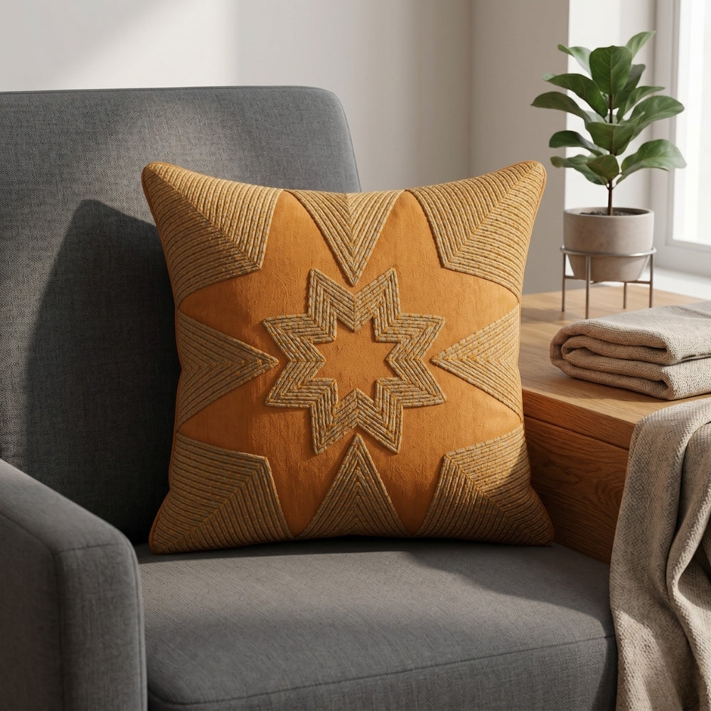 Machine Crafted Orange Cushion Cover – 12"x12" | Geometric Star Patchwork Embroidery | Premium Poly-Cotton Decorative Cushion Cover