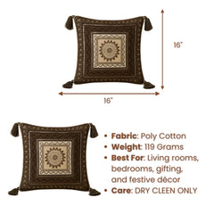 Handcrafted Cushion Cover – Beige | 16"x16" | Traditional Embroidered Tassel Decorative Cushion Cover
