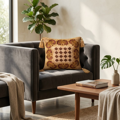 Hand Crafted Cushion Cover – Brown | 12"x12" | Poly Cotton | Embroidered Medallion Design