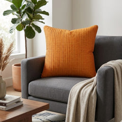Fabric Crafted Cushion Cover – Dark Orange | 16"x16" | Poly Cotton Foam Fabric | Elegant Ribbed Texture Design