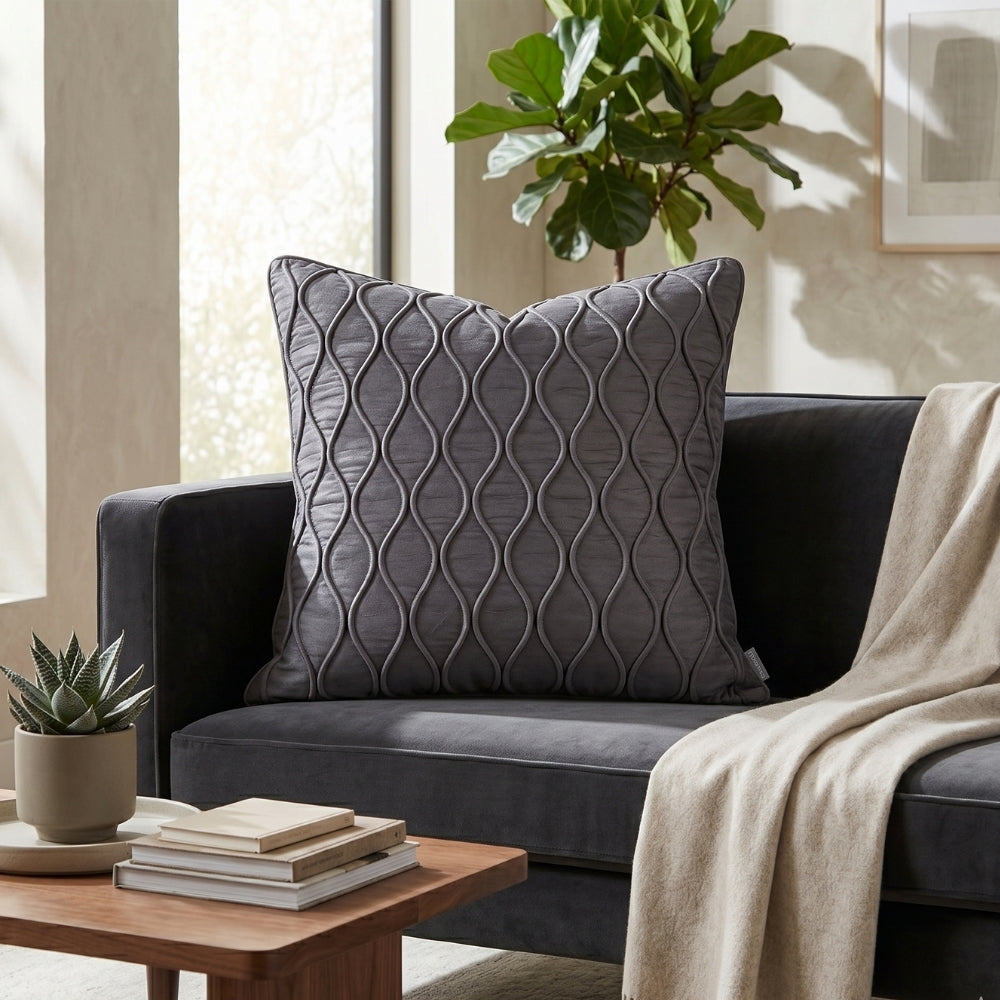 Fabric Crafted Cushion Cover – Silver Grey | 16"x16" | Poly Cotton Fabric | Elegant Embossed Wavy Pattern Design