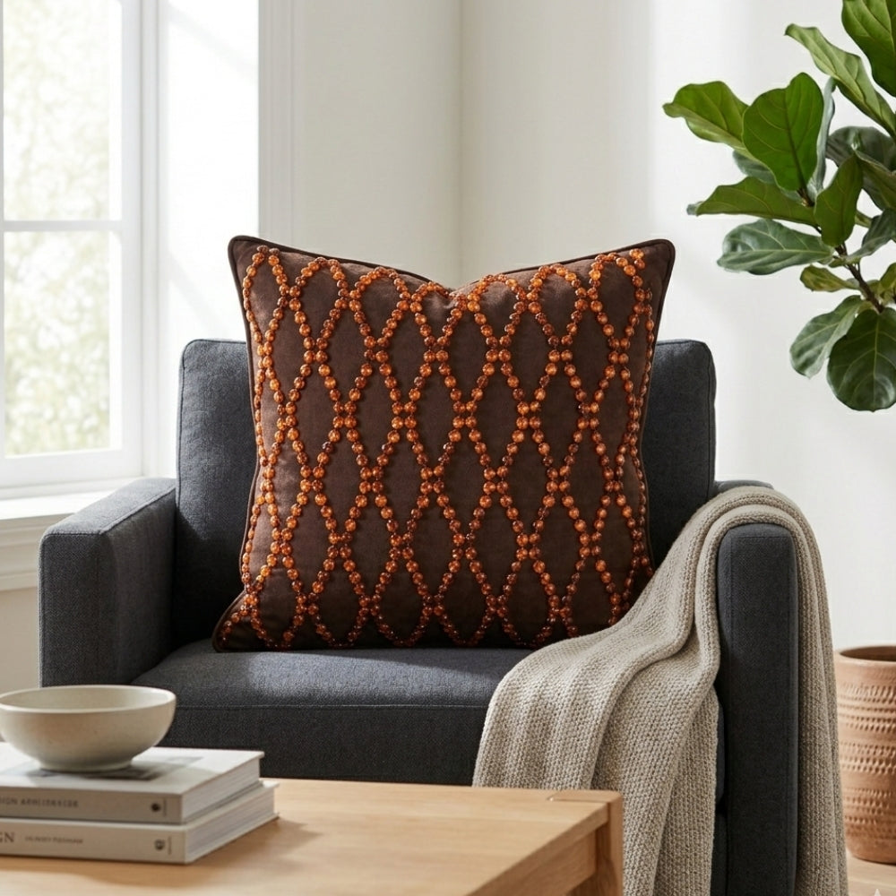 Hand Crafted Cushion Cover – Brown | 16"x16" | Poly Cotton | Premium Beaded Embroidery Design