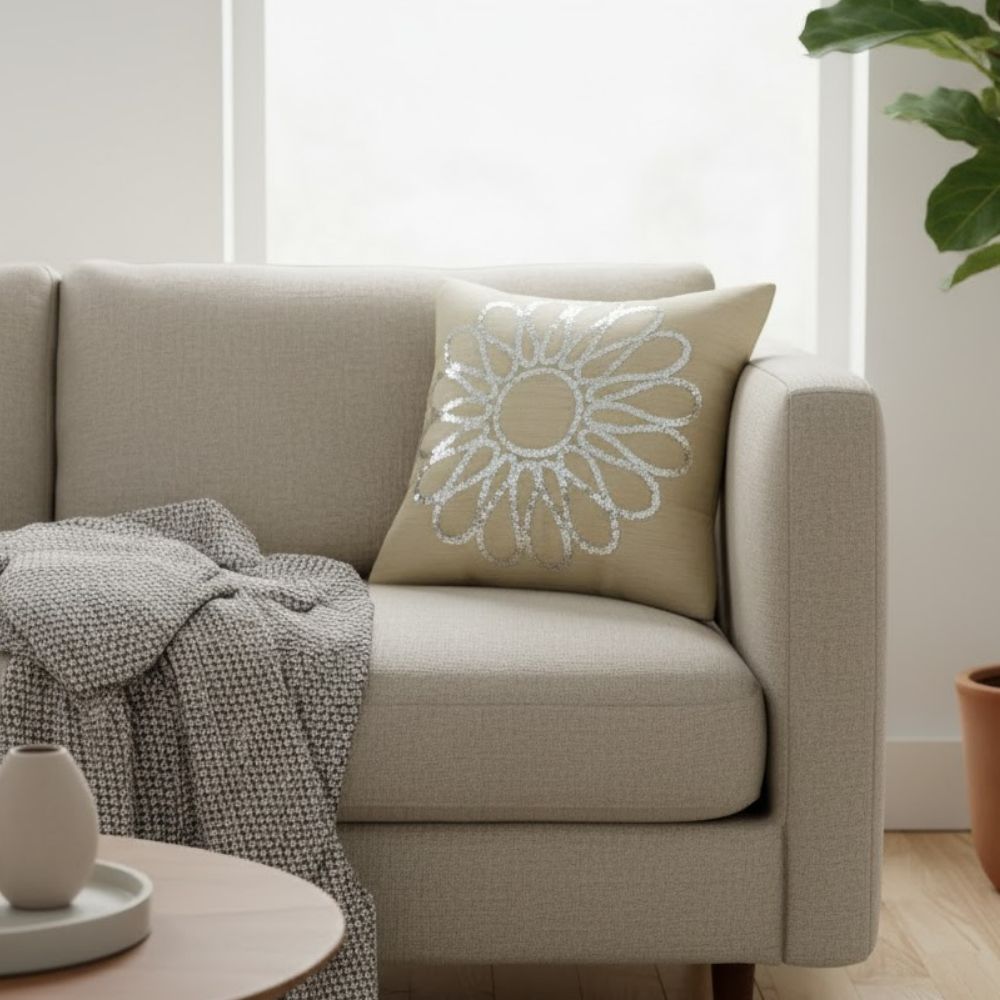 Handcrafted Beige Cushion Cover – 16"x16", Premium Poly Cotton with Metallic Embellished Design