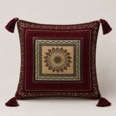 Handcrafted Cushion Cover – Maroon | 16"x16" | Traditional Embroidered Tassel Decorative Cushion Cover