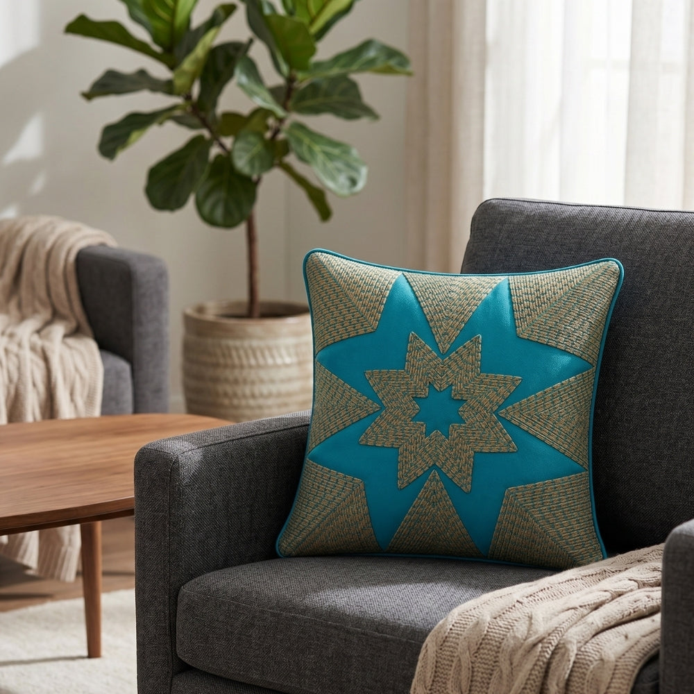 Machine Crafted Turquoise Cushion Cover – 12"x12" | Geometric Star Patchwork Embroidery | Premium Poly-Cotton Decorative Cushion Cover