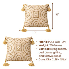 Hand Crafted Cushion Cover – Beige | 12"x12" | Poly Cotton | Embroidered Geometric Tassel Design