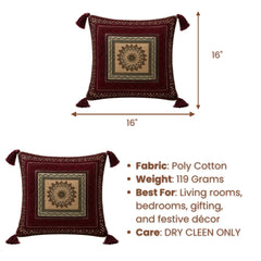 Handcrafted Cushion Cover – Maroon | 16"x16" | Traditional Embroidered Tassel Decorative Cushion Cover