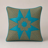 Machine Crafted Turquoise Cushion Cover – 12"x12" | Geometric Star Patchwork Embroidery | Premium Poly-Cotton Decorative Cushion Cover