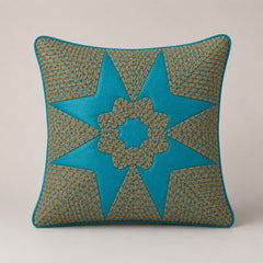 Machine Crafted Turquoise Cushion Cover – 12"x12" | Geometric Star Patchwork Embroidery | Premium Poly-Cotton Decorative Cushion Cover