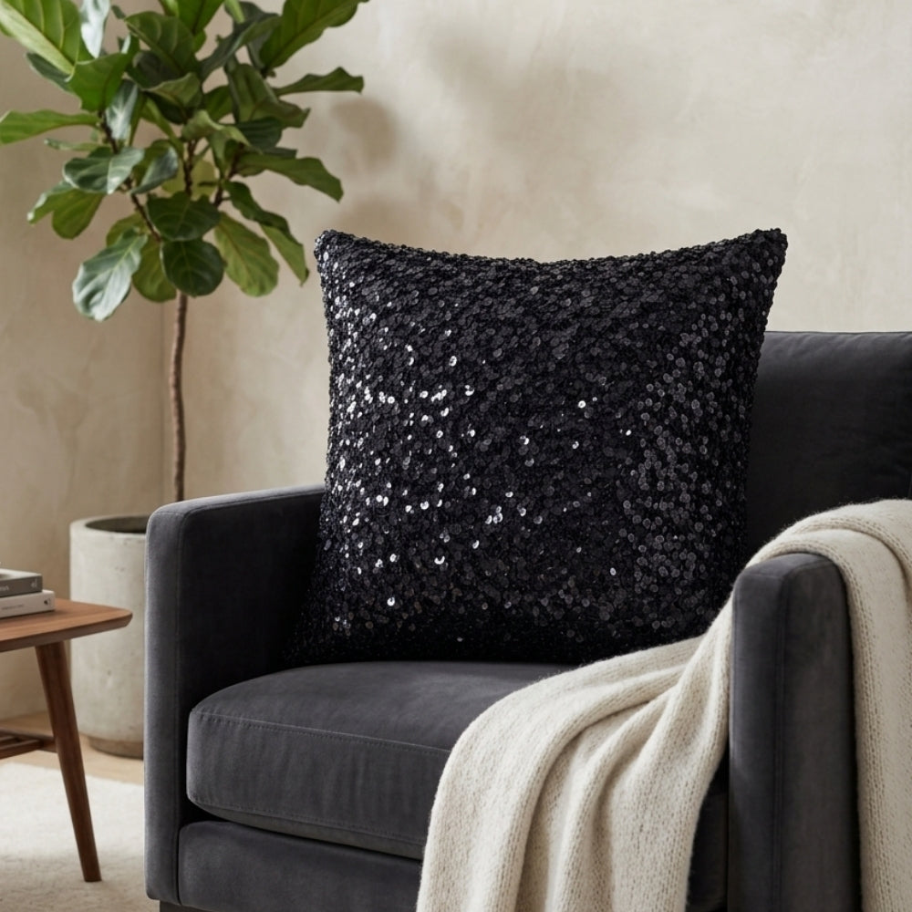 Handcrafted Cushion Cover – Black | 16"x16" | Sequin Decorative Cushion Cover