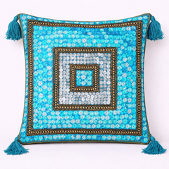Handcrafted Turquoise Cushion Cover – 16"x16" | Square Embellished Design with Tassels | Premium Poly Cotton