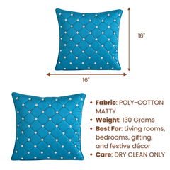 Handcrafted Turquoise Cushion Cover – 16"x16" | Premium Poly-Cotton Matty | Crystal-Studded Diamond Quilting | Luxury Statement Décor