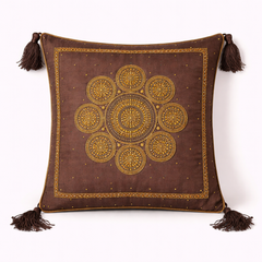 Handcrafted Brown Cushion Cover – 16"x16" | Traditional Circular Embroidery | Tassel Detailing | Premium Poly Cotton