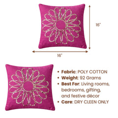 Hand Crafted Cushion Cover – Pink | 16"x16" | Poly Cotton | Embroidered Floral Design