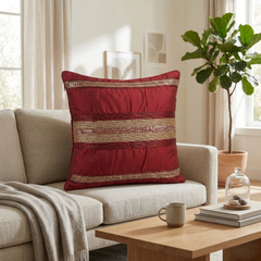 Handcrafted Maroon Cushion Cover – 16"x16" | Striped Embellished Design | Premium Poly Cotton