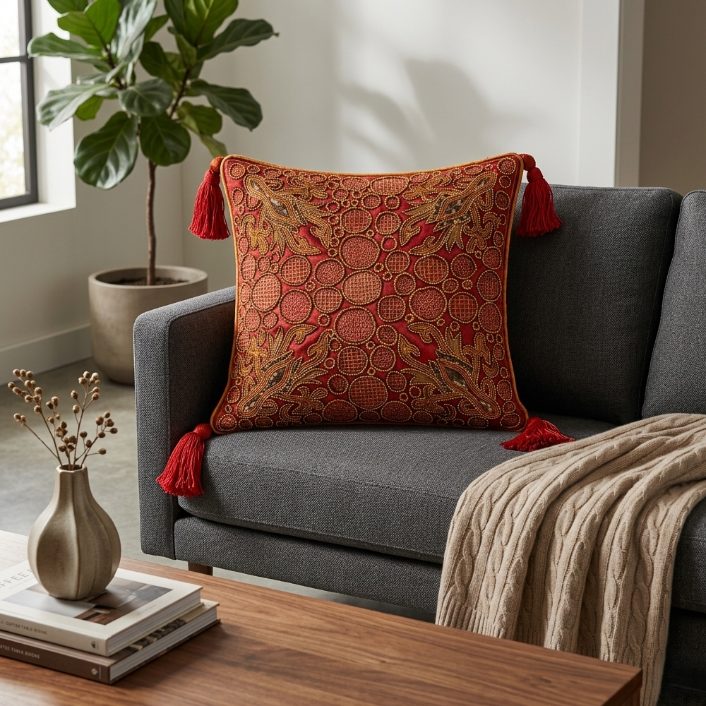Hand Crafted Cushion Cover – Maroon | 16"x16" | Poly Cotton | Embroidered Circle & Motif Design