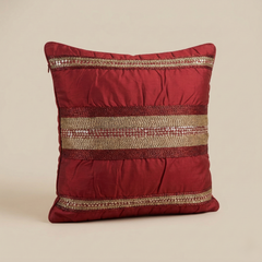 Handcrafted Maroon Cushion Cover – 16"x16" | Striped Embellished Design | Premium Poly Cotton
