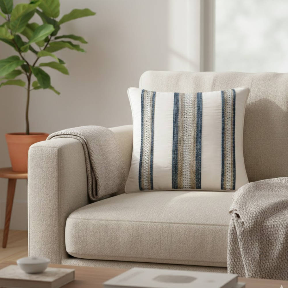 Handcrafted White Cushion Cover – 12"x12" | Vertical Stripe Embroidery | Premium Poly Cotton