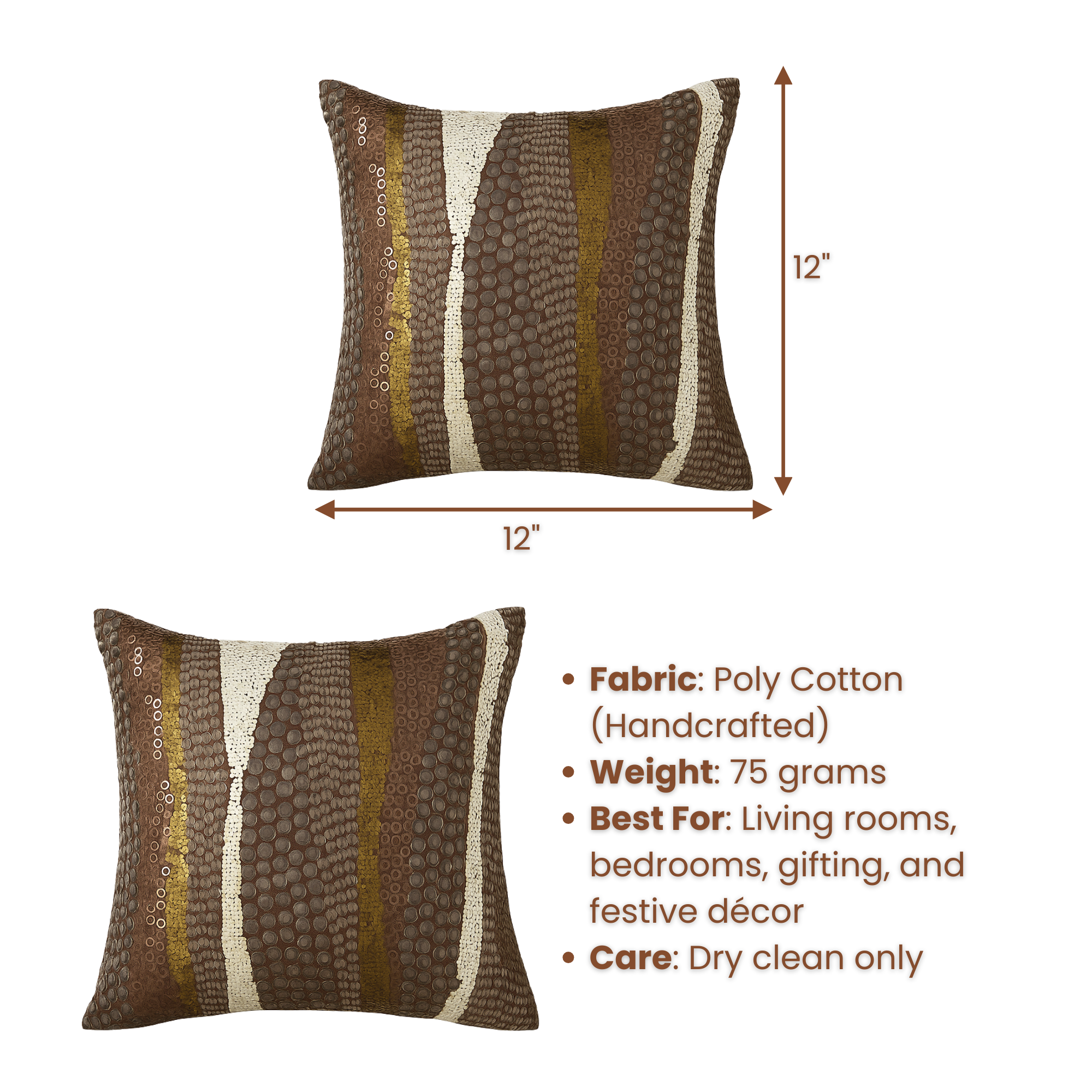 Handcrafted Brown Cushion Cover – 12"x12"