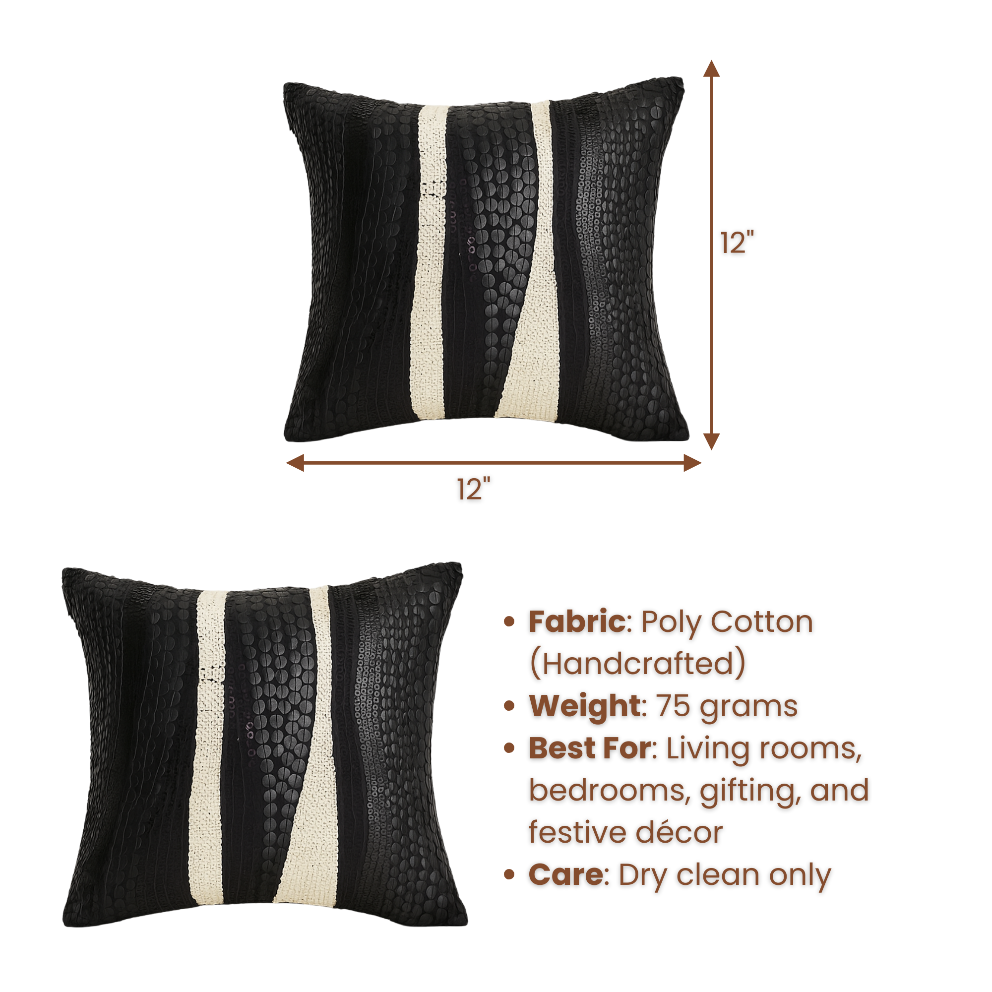 Handcrafted Cushion Cover – Black, 12"x12"