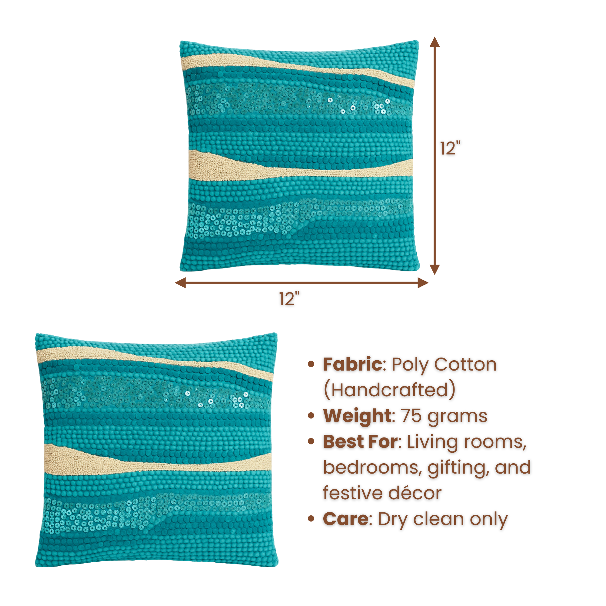 Handcrafted Cushion Cover – Turquoise, 12"x12"