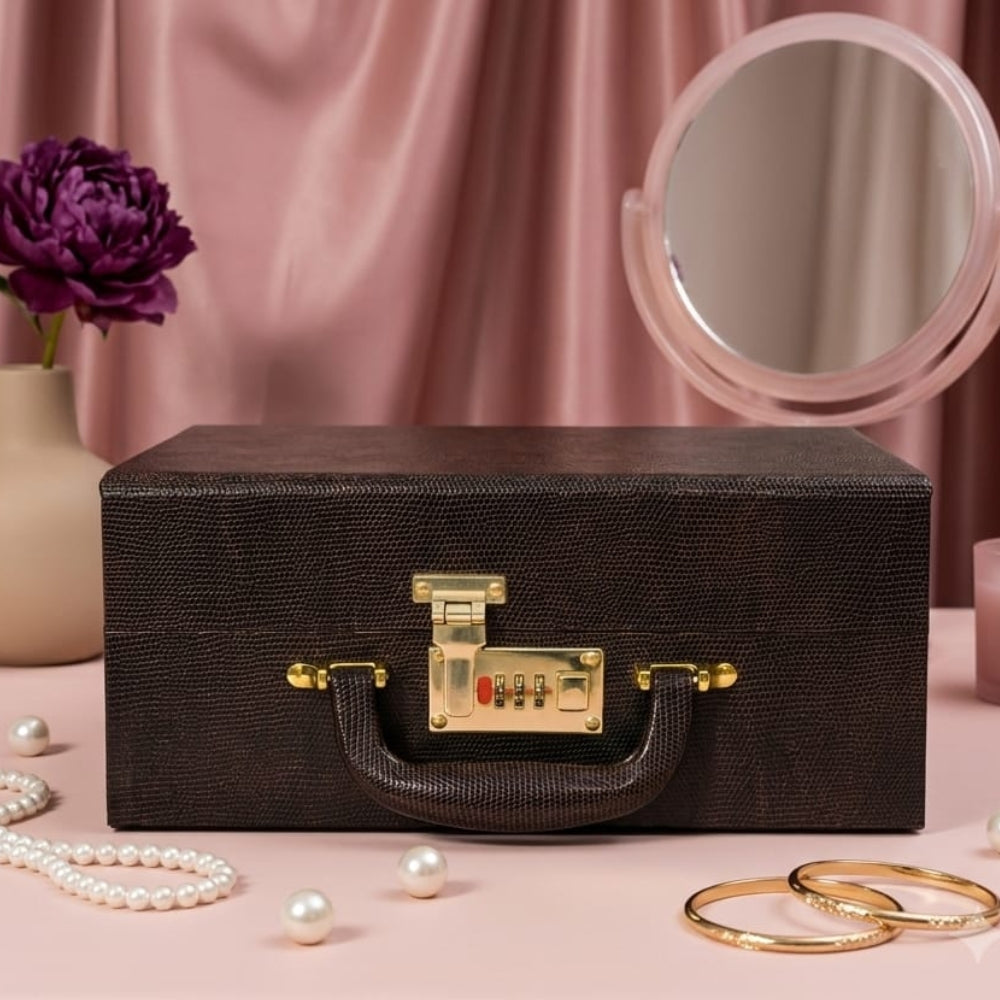 Luxury Brown Leather Jewellery Box with Combination Lock & Multi-Compartment Organizer (30.48 × 24.13 × 13.97 cm)